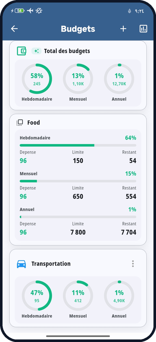 Budgets hebdo, mensuels et annuels avec alertes